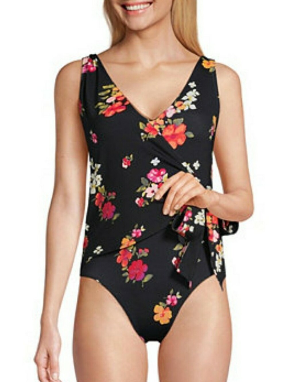 LANDS' END One Piece Side-Tie Wrap Look Floral Swimsuit 10